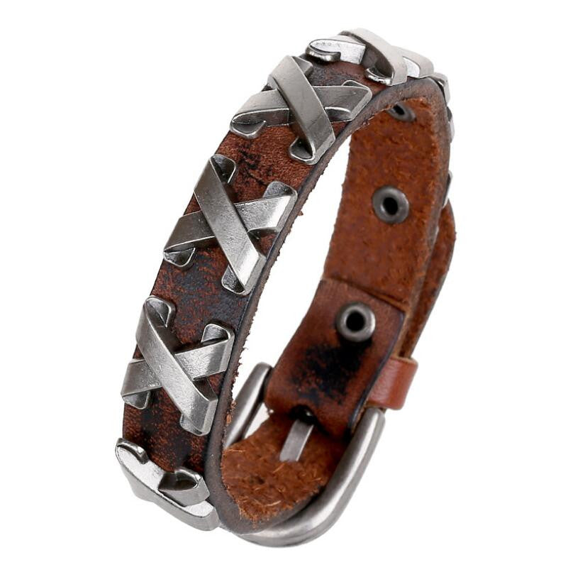 Cool 100% Genuine Leather Thick Male Bracelet Metal Cross Rivets Studded Cuff Bangle Single Buckle Belt Bracelet pulseras hombre