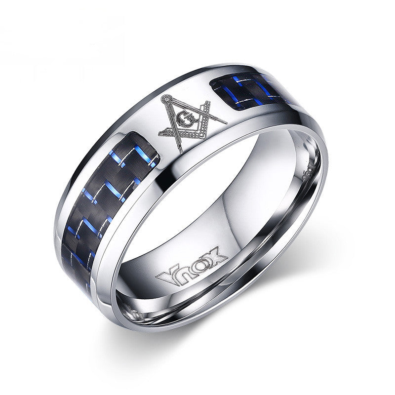 Men Masonic Rings Stainless Steel Wedding Rings for Men Jewelry With Blue & Black Carbon Fiber 8mm Wide Rings Jewelry