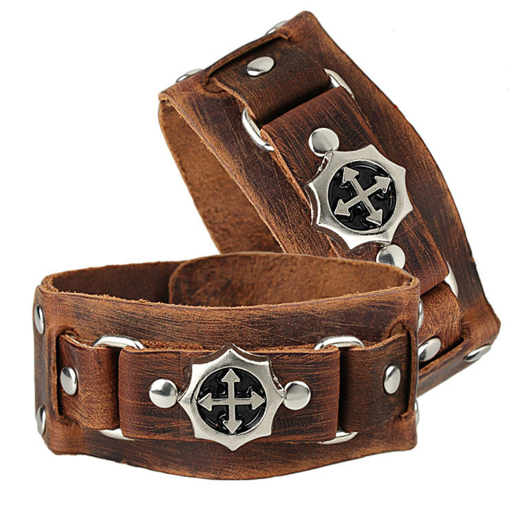 Cool Rock Men Woman Genuine Leather Cross Studs Wrap Bracelet Bracelets