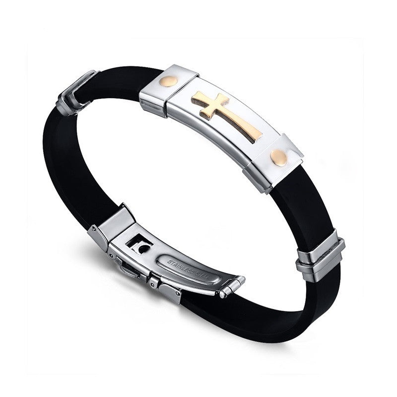 Cross Bracelet For Men Women Black Silicone Bracelets Stainless Steel Spring Clasp Jewelry Simple Design