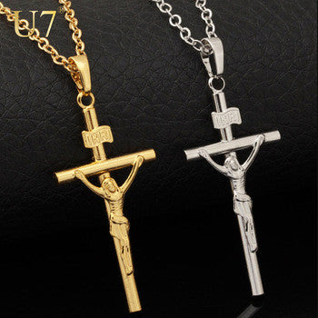 Cross Necklace Women/Men Jewelry Wholesale Trendy 2 Colors Platinum/18K Real Gold Plated INRI Crucifix Jesus Cross Pendant
