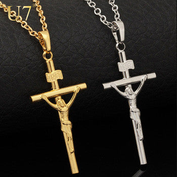 Cross Necklace Women/Men Jewelry Wholesale Trendy 2 Colors Platinum/18K Real Gold Plated INRI Crucifix Jesus Cross Pendant