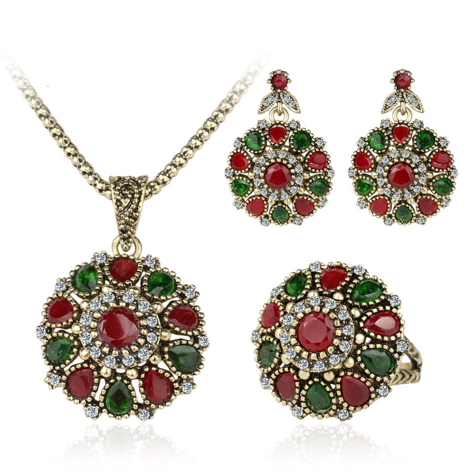 Crystal Flower Necklace Sets Fashion Earing For Women Strawberry Jewelry Turkish 3Pc Combination Nigerian Red Bead Necklace