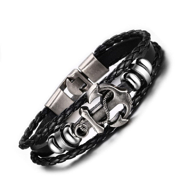 Cuff Leather Bracelets Wrist Band Vintage Punk Rock Fashion Anchor Bracelet Alloy Beads Charm For Men And Women Jewelry