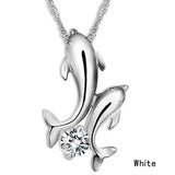 Cute Silver Plated Double Dolphin Rhinestone Short Chain Pendant Necklace Women Fashion Jewelry