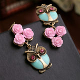 Cute Fashion Pink Flowers Owl Long Earrings Women Costume Jewelry