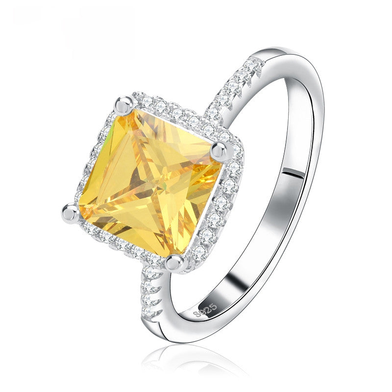 Luxury Princess Cut Yellow CZ Ring with Micro Paved Clear Zircon Platinum Plated Women Engagment Rings