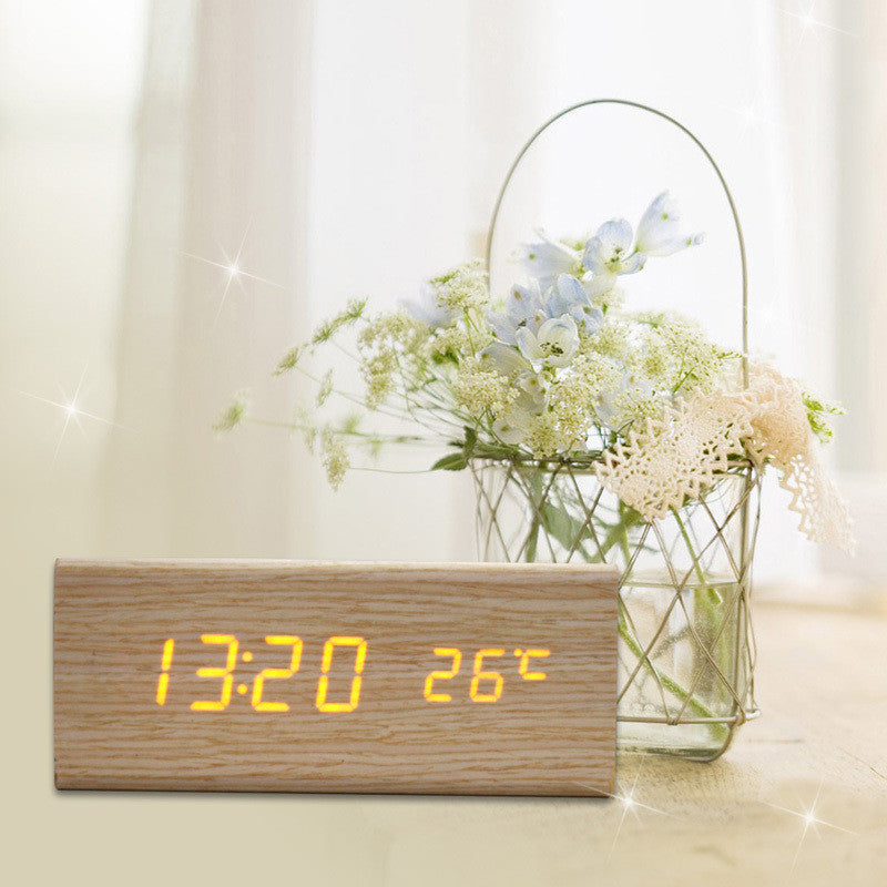Sound Control USB Solid Wooden Desk Bedside Digital Alarm Clock Tempreture Display Orange Light