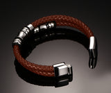 Double-deck Genuine Leather Bracelets & Bangles Brown Casual Style Wear Sets Men Jewelry Stainless Steel Wristband