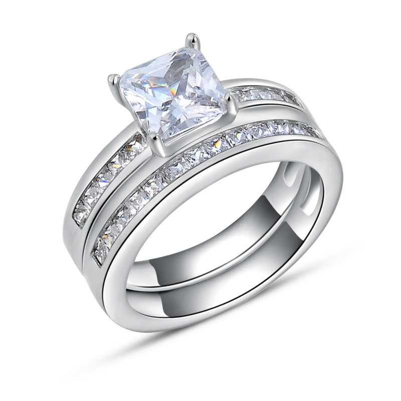 Woman Finger Ring Platinum Plated with 0.8 ct Princess Cut Cubic Zirconia Women Wedding Ring Set, 2 Piece/Set 