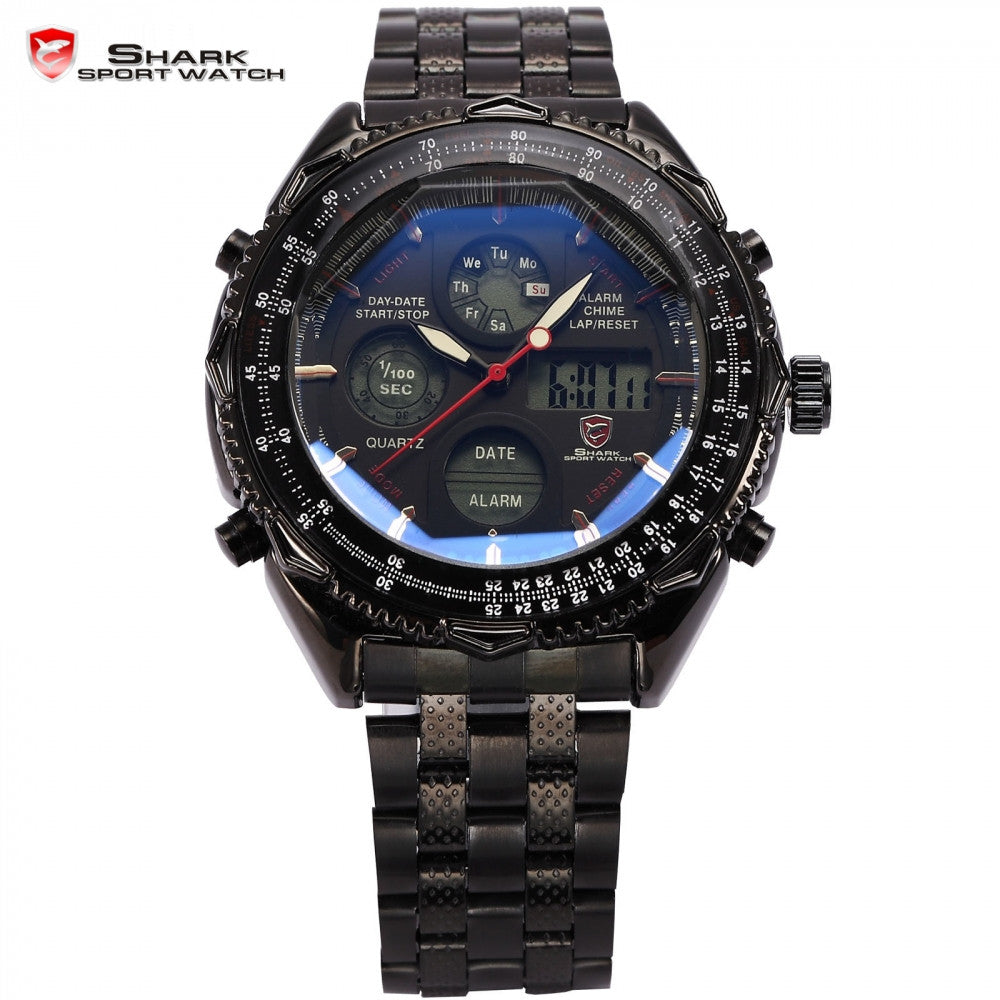 Eightgill Shark Sport Watch Digital LCD Analog Stainless Steel Band Date Day Chronograph Black Men Military Quartz Watches