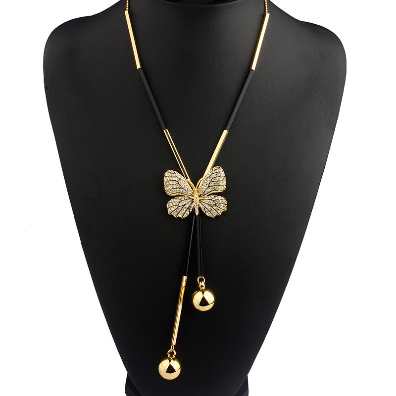 Elegant Butterfly Long Beaded Chain Tassel Necklace Women Rhinestone Office Lady Accessory Bohemia Costumes Jewelry