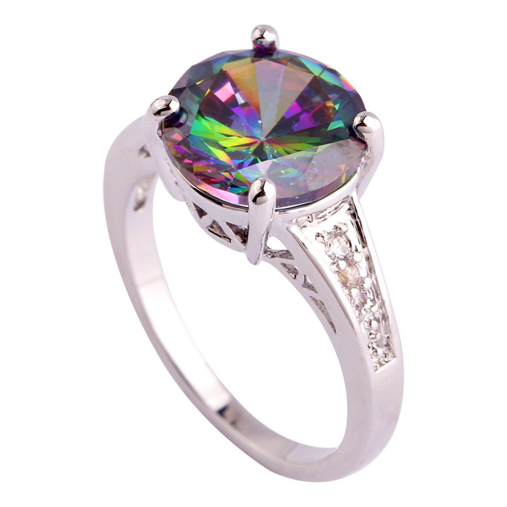 Engagement Bridal Round Cut Rainbow & White Sapphire Silver Ring Women Jewelry