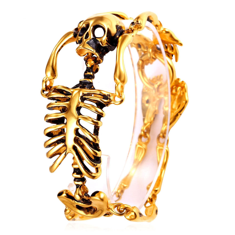 European Halloween Bracelet Punk Skull Skeleton Bracelet For Men Gold Plated Stainless Steel Heavy Biker Bangle Jewelry