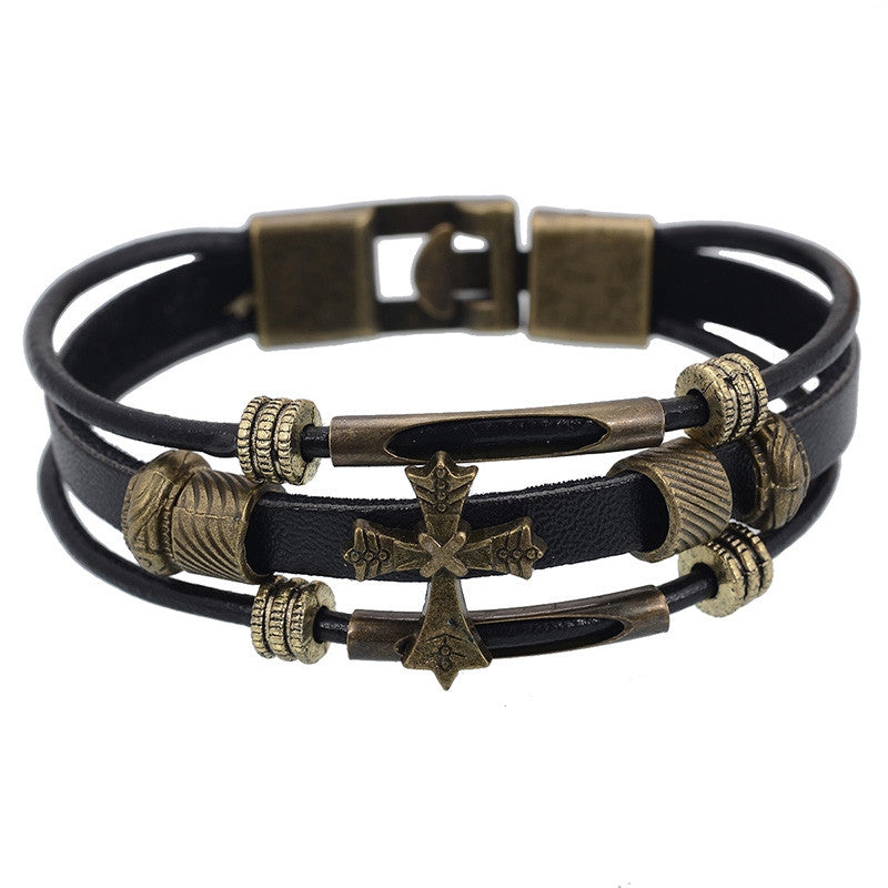European Punk Style Genuine leather Braided Bracelet Vintage Religious Cross Charm Bracelets Wristband Men Wrap Bracelet Jewelry