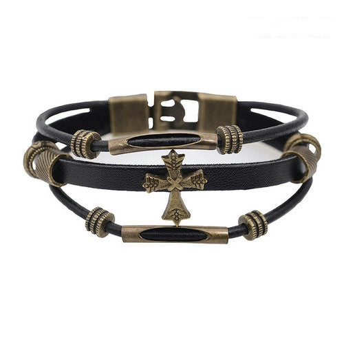 European Punk Style Genuine leather Braided Bracelet Vintage Religious Cross Charm Bracelets Wristband Men Wrap Bracelet Jewelry