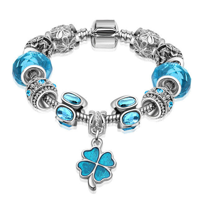 European Silver Plated Clover Charm Glass Bead Bracelet For Women With Safety Chain Authentic Strand Bracelet Bijoux Gift