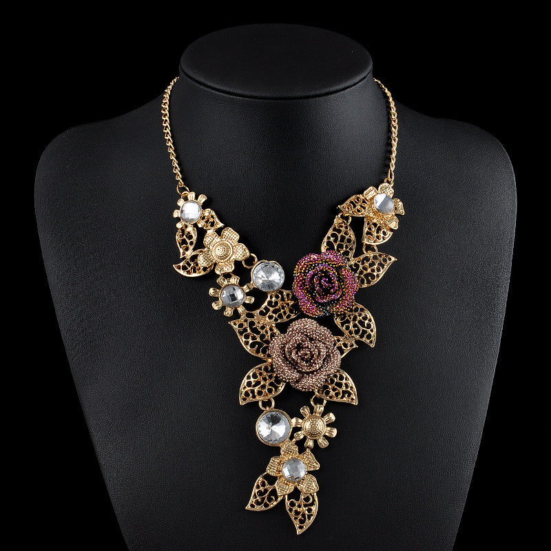 European Vintage Gold plated Rose Rhinestone Necklaces & Pendants Link Accessories Choker Maxi Necklace Women Statement Jewelry