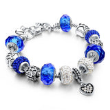 European Style Authentic Tibetan Silver Blue Crystal Charm Bracelets for Women Original DIY Jewelry Christmas Gift