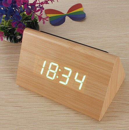 Bamboo Wood Triangular Green LED Alarm Digital Desk Clock Wooden Thermometer