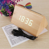 New Brown Wood Triangular Red LED Alarm Digital Desk Clock Wooden Thermometer