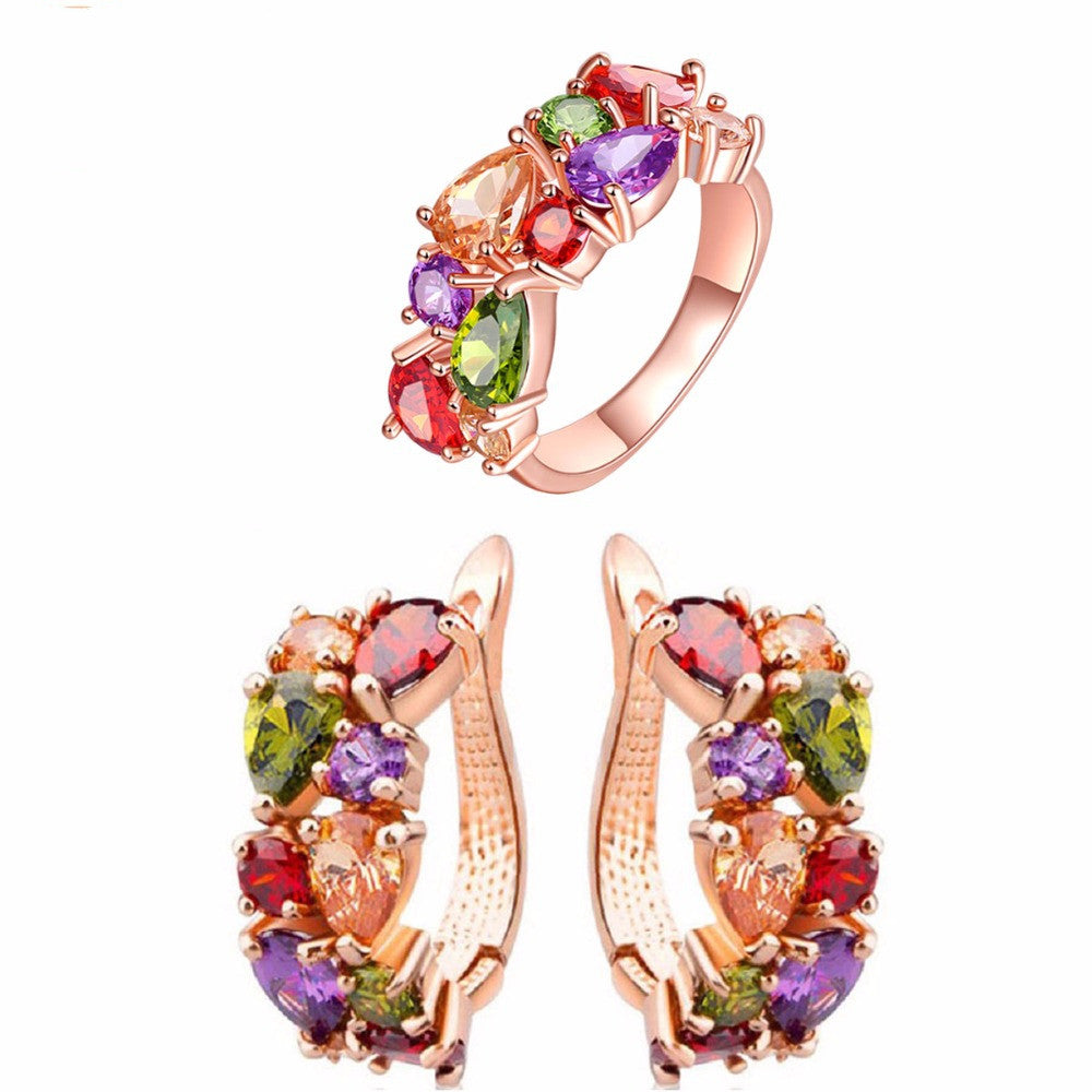 Luxury Colorful Wedding Jewelry Sets Rose Gold Plated Earrings&Ring Shining CZ Diamond Zircon Bridal Jewelry Sets