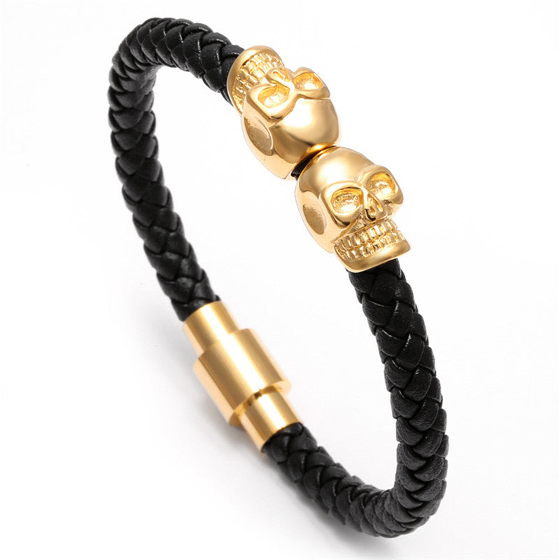 Black Genuine Leather Double Skeleton Skull Charm Bracelet For Men Gift Magnet Punk Rock Jewelry