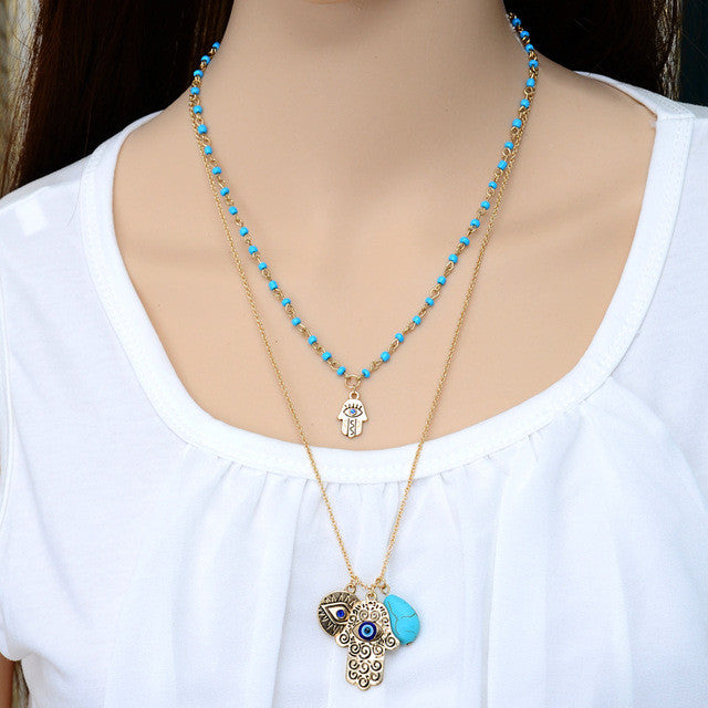 Fashion 2 Layers Blue Beads Hand Chain Necklace Multi-Layer women Gold Plated Charms Pendant Necklace