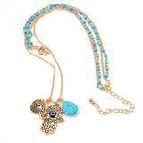 Fashion 2 Layers Blue Beads Hand Chain Necklace Multi-Layer women Gold Plated Charms Pendant Necklace