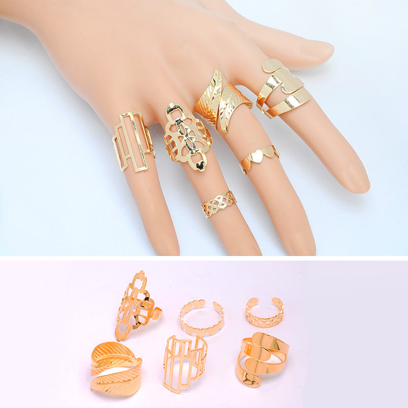 Fashion 6 pcs/set Geometric Leaf Open Rings Set Boho Hollow Flower Party Index Mid Finger Rings for Women Aneis Bijoux Jewelry