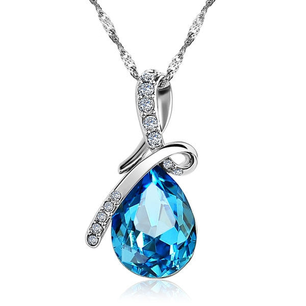 Fashion Blue Crystal Water Drop Pendant Necklace Rhodium Plated Zircon Necklaces & Pendants For Women