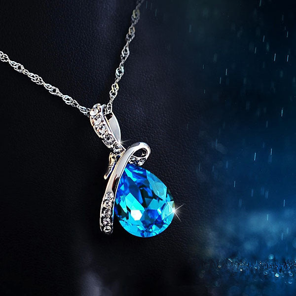 Fashion Blue Crystal Water Drop Pendant Necklace Rhodium Plated | Buycoolprice