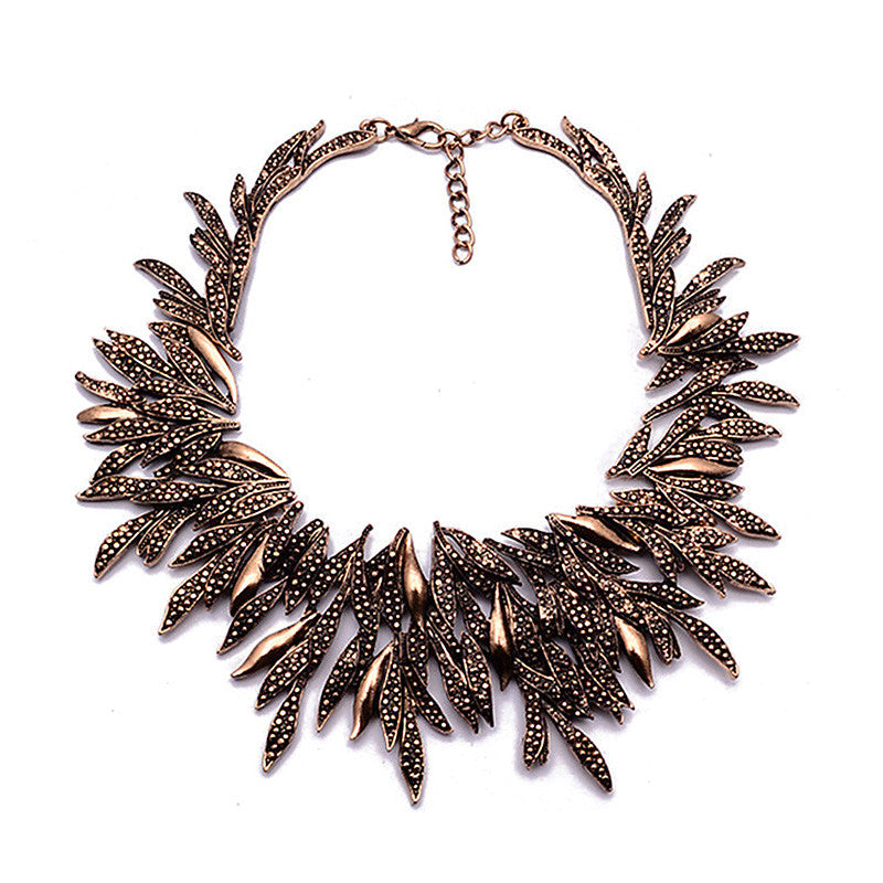 Fashion Bohemia Ethnic Vintage Alloy Willow Statement Necklace Metal Leaves Choker Maxi Necklace Women Jewelry Gift 