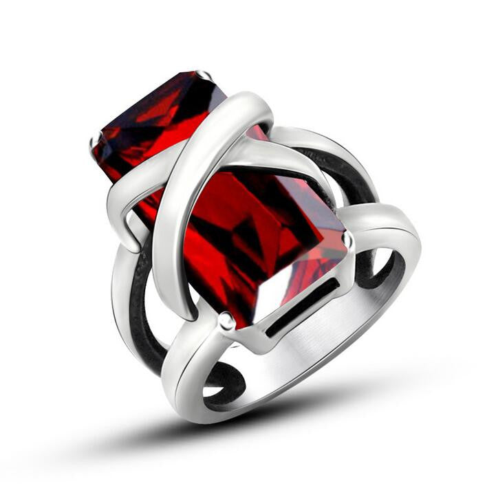 Fashion Brand Ruby Jewelry Unisex Red Stone Stainless Steel Ring Cool Party Rings For Women High Quality Mens Rings New