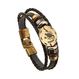 Fashion Bronze Alloy Buckles 12 Zodiac Signs Bracelet Punk Leather Bracelet Wooden Bead + Black Gallstone For Men Charm Jewelry