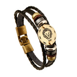 Fashion Bronze Alloy Buckles 12 Zodiac Signs Bracelet Punk Leather Bracelet Wooden Bead + Black Gallstone For Men Charm Jewelry