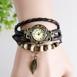 Fashion Casual Retro Reloj Pulsera Women Girl Hand knit Automatic Watch Leather Strap Leaves Bracelet Wrist Watches