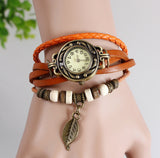 Fashion Casual Retro Reloj Pulsera Women Girl Hand knit Automatic Watch Leather Strap Leaves Bracelet Wrist Watches