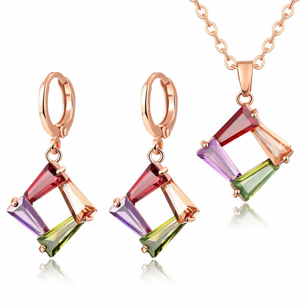 Fashion Colorful Jewelry Sets CZ Diamond Gold Rose Plated Necklace&Earrings Hypoallergenic Copper Sets for Women Party
