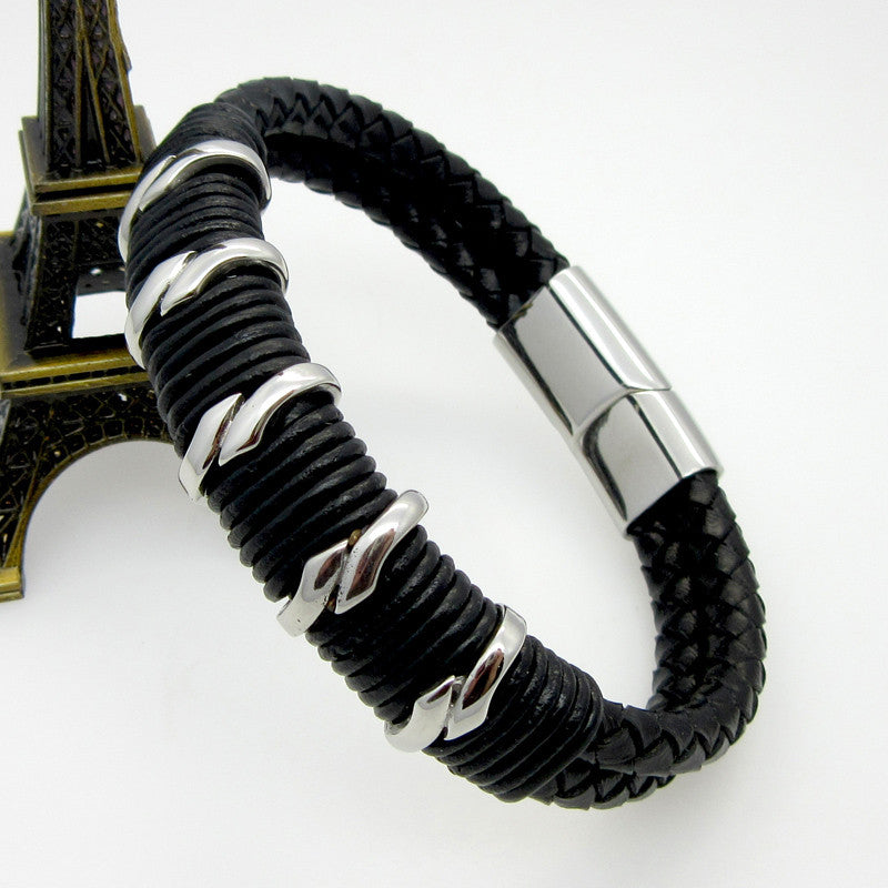 Fashion Handmade Vintage Bracelet British Style Stainless Steel Accessories Strap Genuine Leather Bracelet Punk Men Bracelets