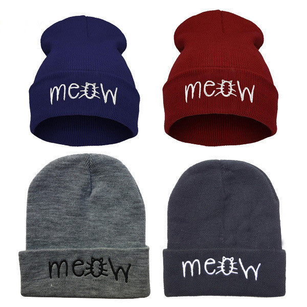Fashion MEOW Cap Men Casual Hip-Hop Hats Knitted Wool Skullies Beanie Hat Warm Winter Hat for Women