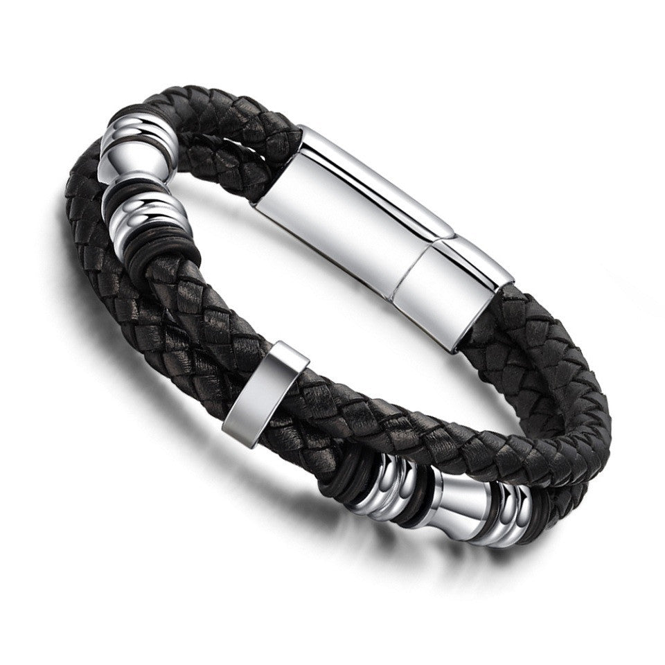 Fashion Men's Jewelry High Quality Double layer Genuine Leather Titanium Steel Magnet Bracelet Punk Rock Charm Men Bracelet