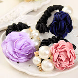 Fashion Pearl Flower Hair Bands for Women Girls Three Pearls Decor Elastic Ponytail Headband