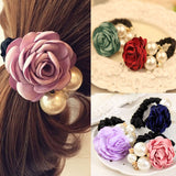 Fashion Pearl Flower Hair Bands for Women Girls Three Pearls Decor Elastic Ponytail Headband