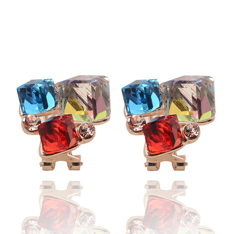 Fashion Sapphire Crystal Stud Earrings for Women Summer Style New Brand 3 Square Rose Gold Plated Wedding Earrings Clip Jewelry