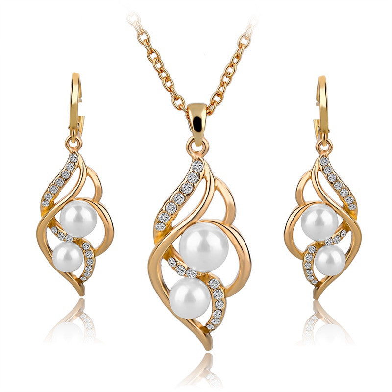 Fashion Simulated Pearl Jewelry Sets For Women Crystal Earrings Necklace Set Gold/Silver Plated Wedding Jewelry Set