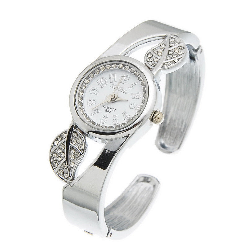 Fashion Student Children Cuff Bangle Watch Round Quartz Watch Women Dress Watch Gift Rhinestone Leaves Decor