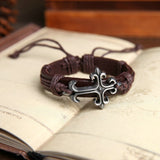 Fashion Tibetan Cross Charms Alloy Black Genuine Leather Bracelets Men & Women Bracelet Bangles Jewelry