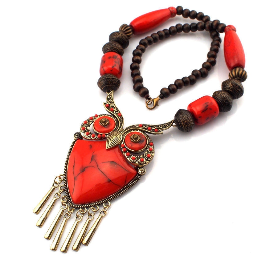 Fashion Tibetan Style Women Statement Necklaces Wood Chain Turquoise Big Owl Necklaces & Pendants Boho Jewelry Maxi Dress