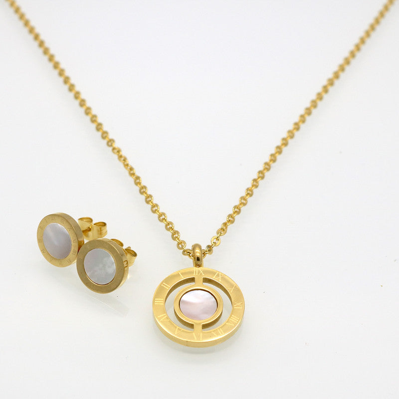 Fashion Women Roman Letter 18K Gold Plated Natural Pearl Shell Wedding Jewelry Sets With Necklace+Earrings